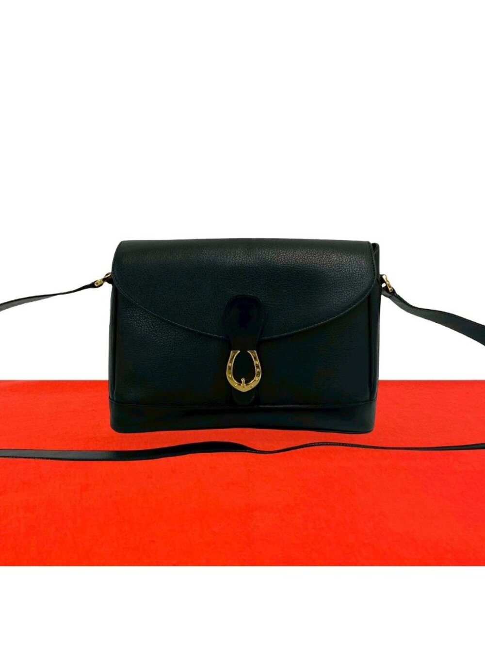 Gucci Vintage Horseshoe Leather Shoulder Bag Cross Black